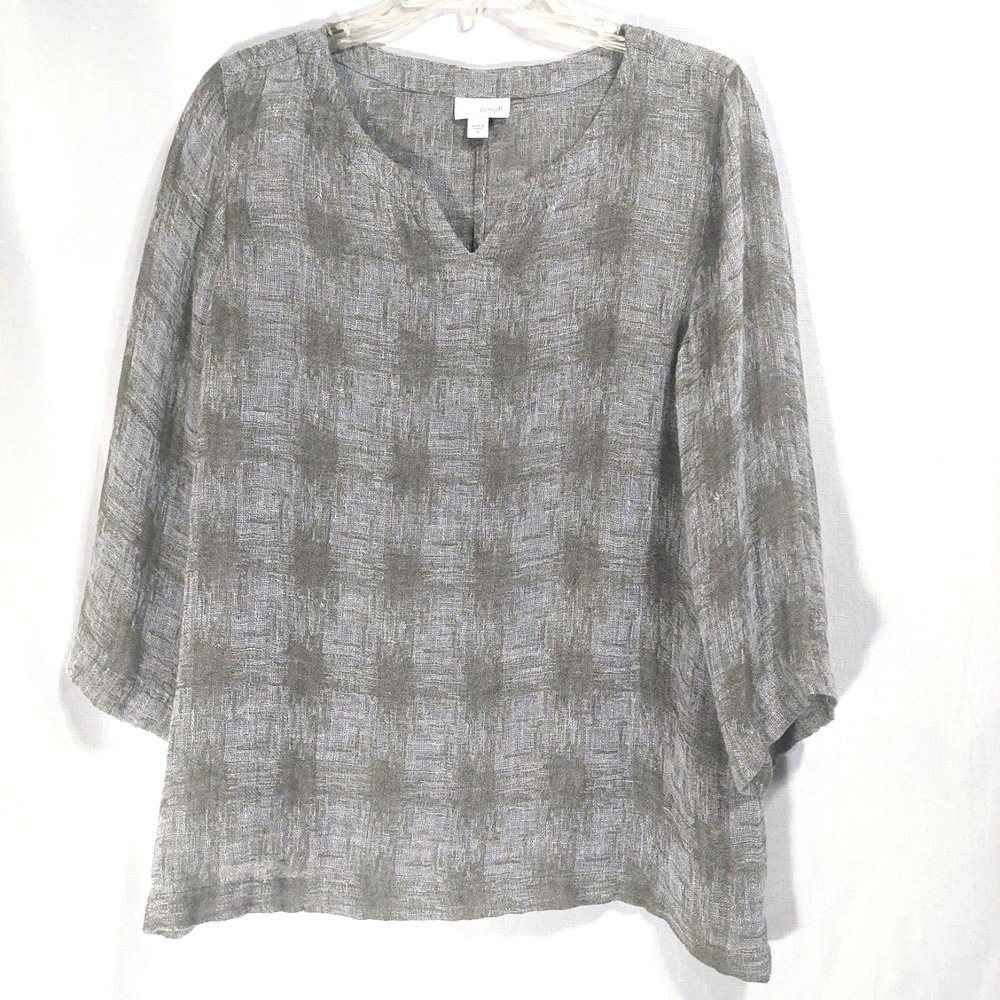 Purejill Womens Size Medium Linen Blend Blouse Popover 3/4 Sleeves Breathable
